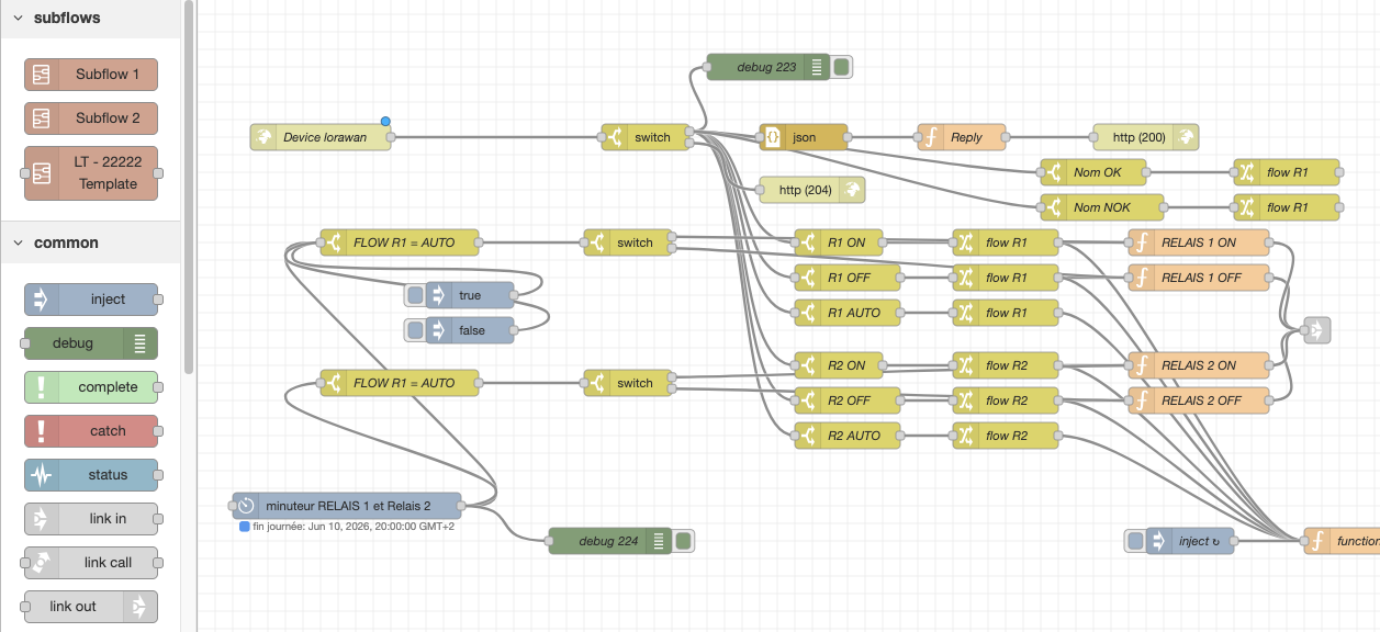 Extrait du flow Node-RED gérant la logique de déclenchement des commandes